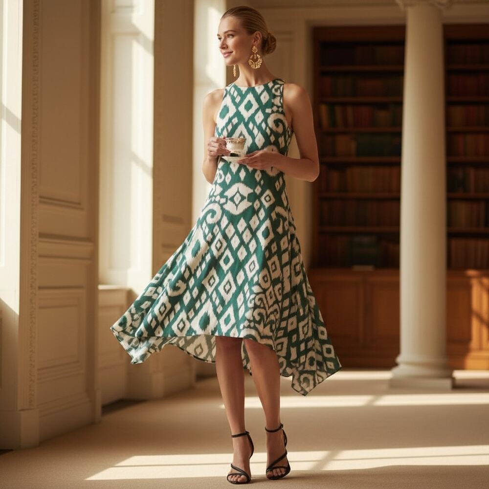 Natori Sleeveless Asymmetrical Hem Dress – Teal/White Geometric – Size M– NWT